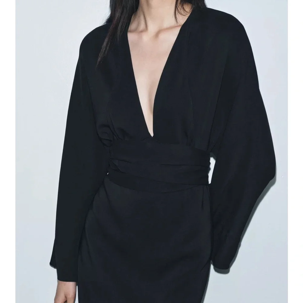 NWT Zara Black Midi Dress With Ties